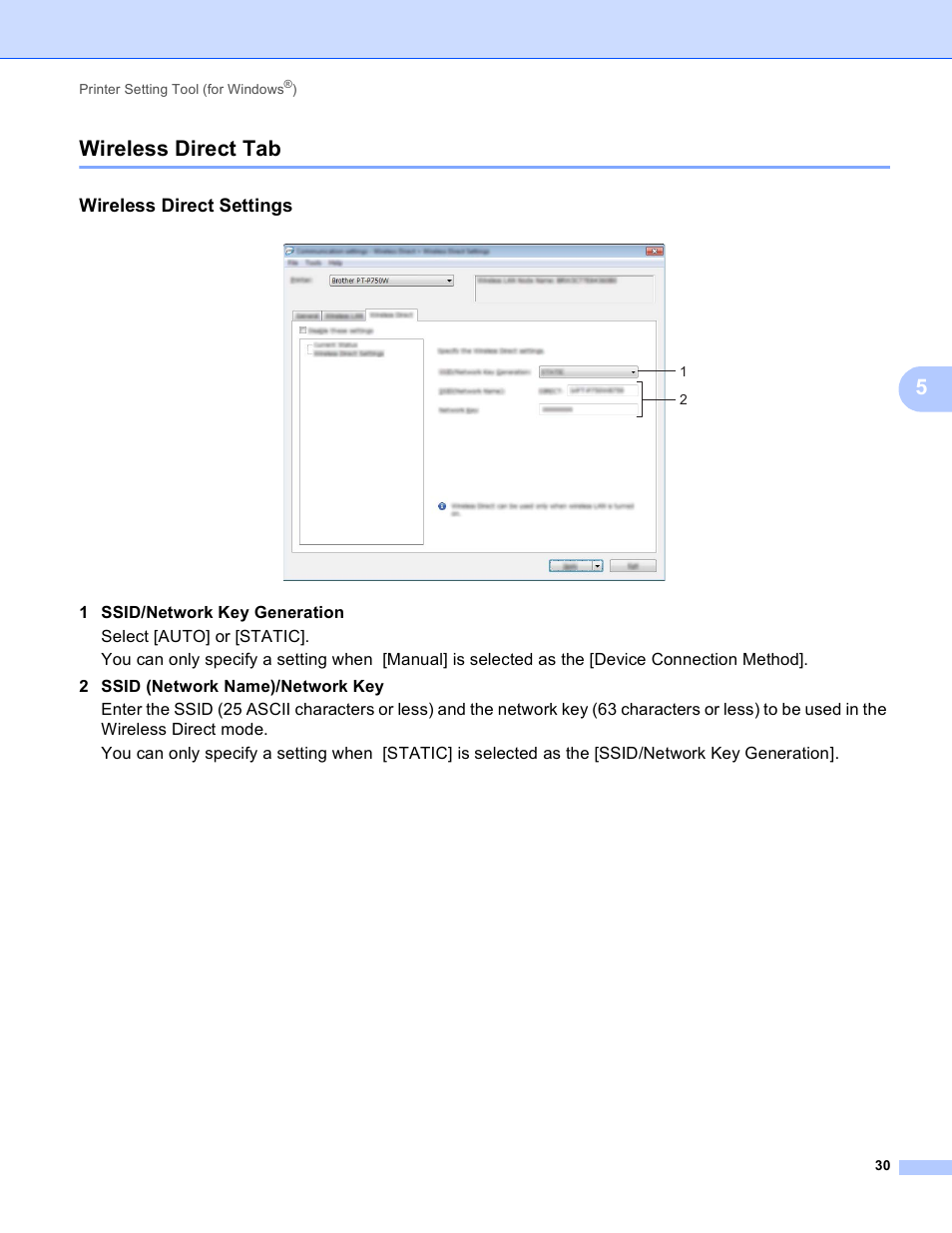 Wireless direct tab, Wireless direct settings, 5wireless direct tab | Brother PT-P750W User Manual | Page 35 / 59