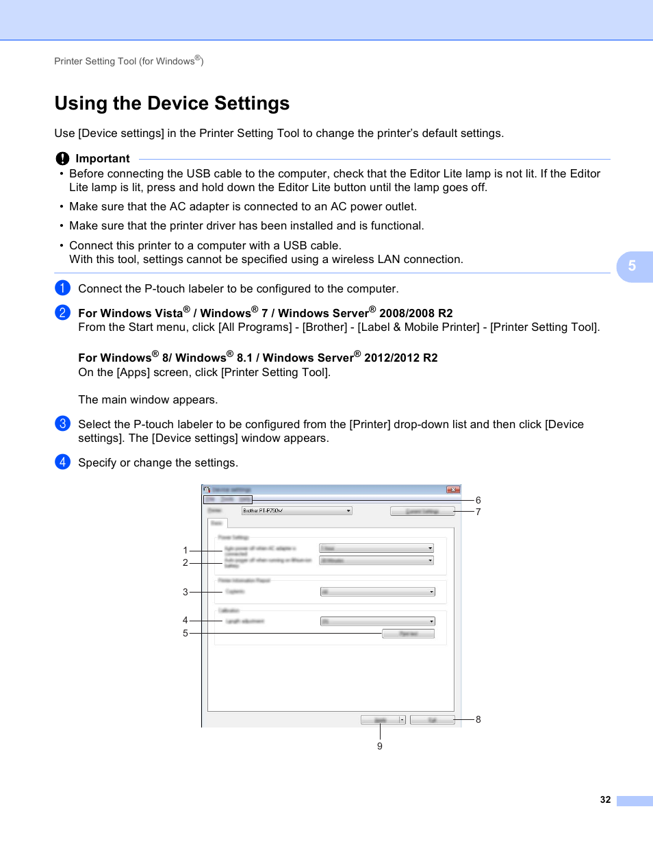 Using the device settings | Brother PT-P750W User Manual | Page 37 / 59