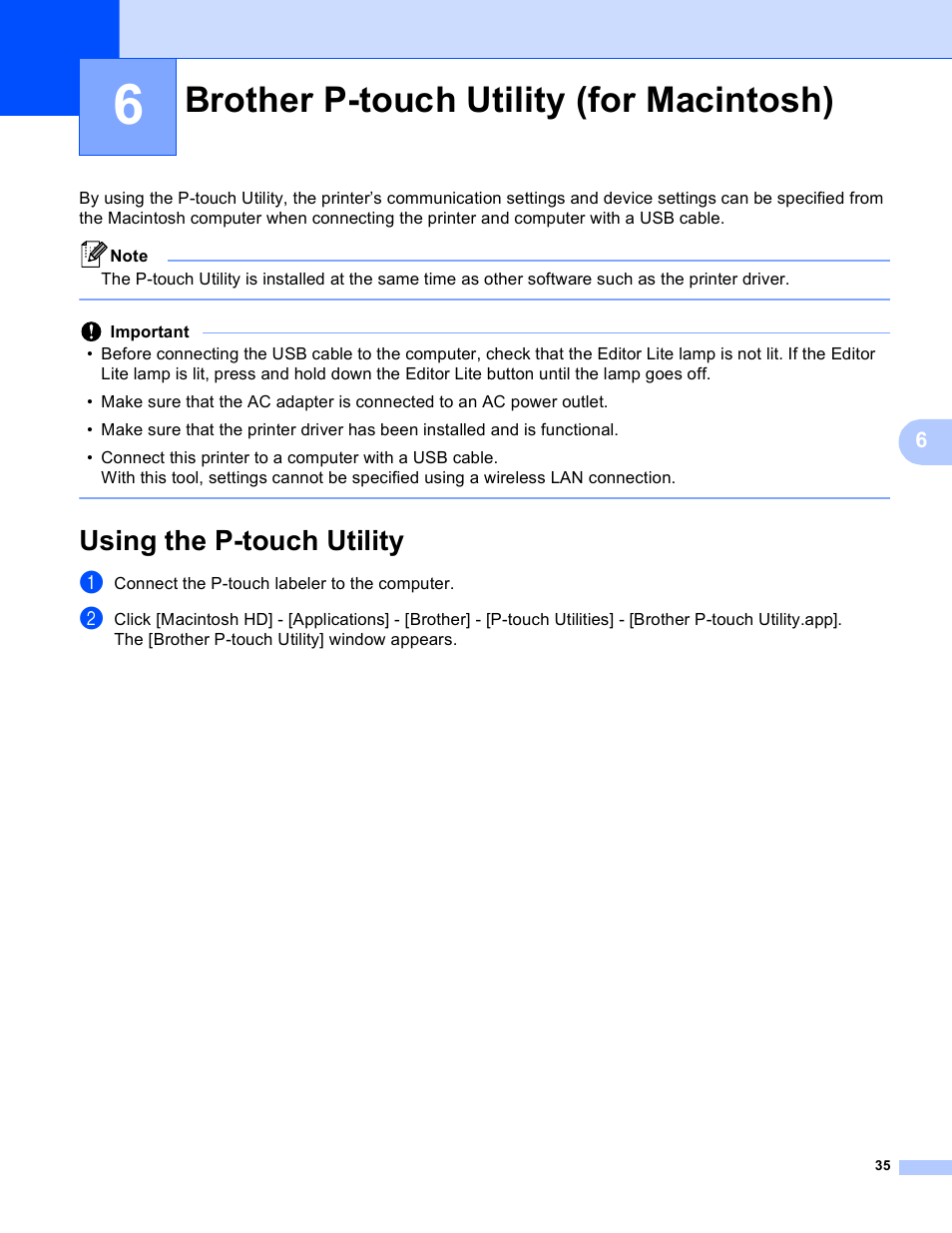 6 brother p-touch utility (for macintosh), Using the p-touch utility, Brother p-touch utility (for macintosh) | Brother PT-P750W User Manual | Page 40 / 59