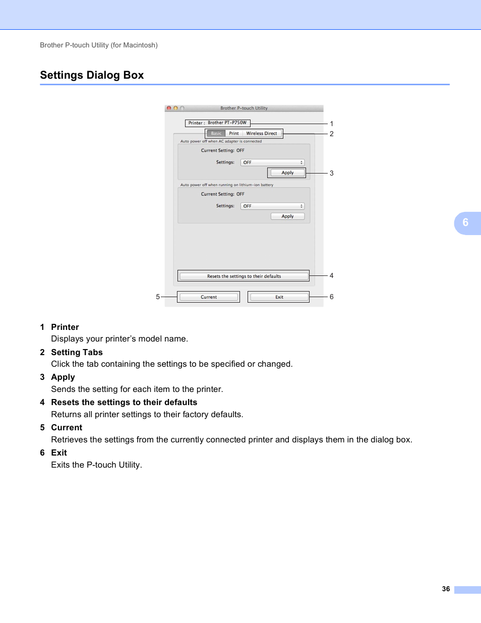 Settings dialog box, 6settings dialog box | Brother PT-P750W User Manual | Page 41 / 59