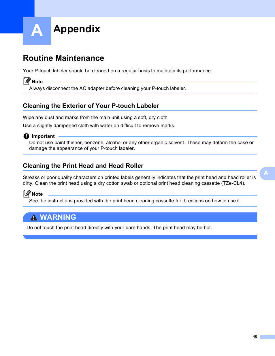 A appendix, Routine maintenance, Cleaning the exterior of your p-touch labeler | Cleaning the print head and head roller, Appendix, Warning | Brother PT-P750W User Manual | Page 51 / 59