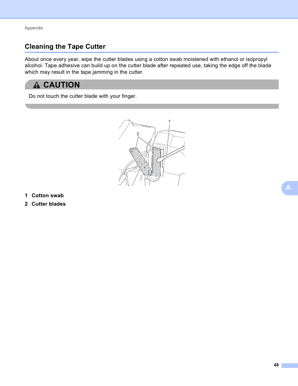 Cleaning the tape cutter, Caution, Acleaning the tape cutter | Brother PT-P750W User Manual | Page 53 / 59