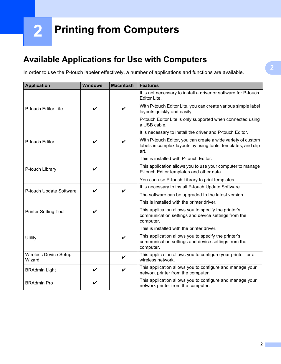 2 printing from computers, Available applications for use with computers, Printing from computers | Brother PT-P750W User Manual | Page 7 / 59