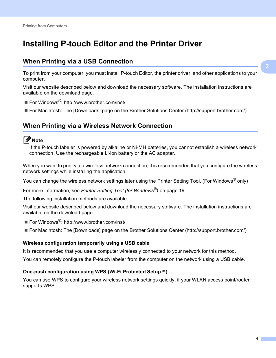 Installing p-touch editor and the printer driver, When printing via a usb connection, When printing via a wireless network connection | Brother PT-P750W User Manual | Page 9 / 59