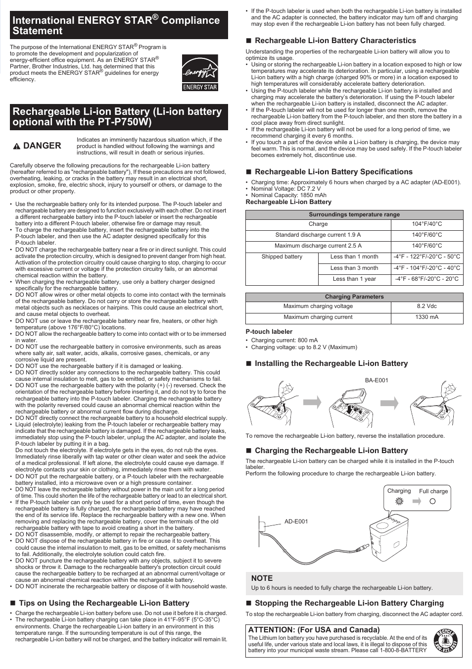 International energy star, Danger | Brother PT-P750W User Manual | Page 2 / 4