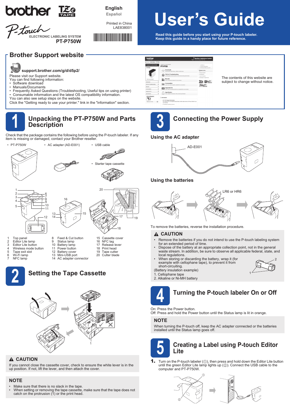 User’s guide, Unpacking the pt-p750w and parts description, Setting the tape cassette | Connecting the power supply, Turning the p-touch labeler on or off, Creating a label using p-touch editor lite, Brother support website | Brother PT-P750W User Manual | Page 3 / 4