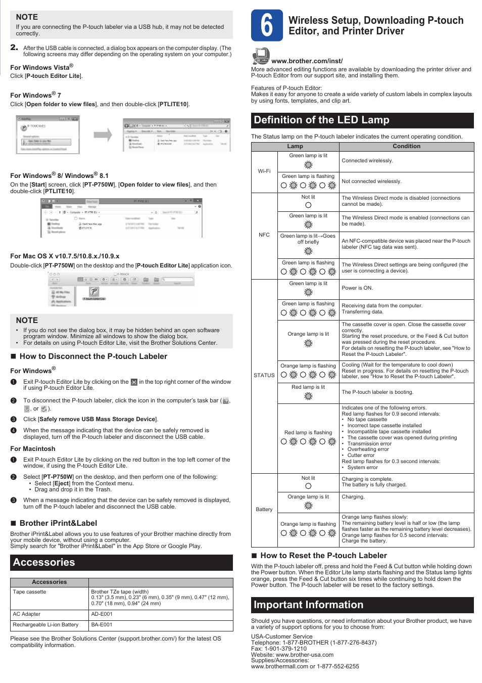 Accessories, Definition of the led lamp, Important information | Brother PT-P750W User Manual | Page 4 / 4