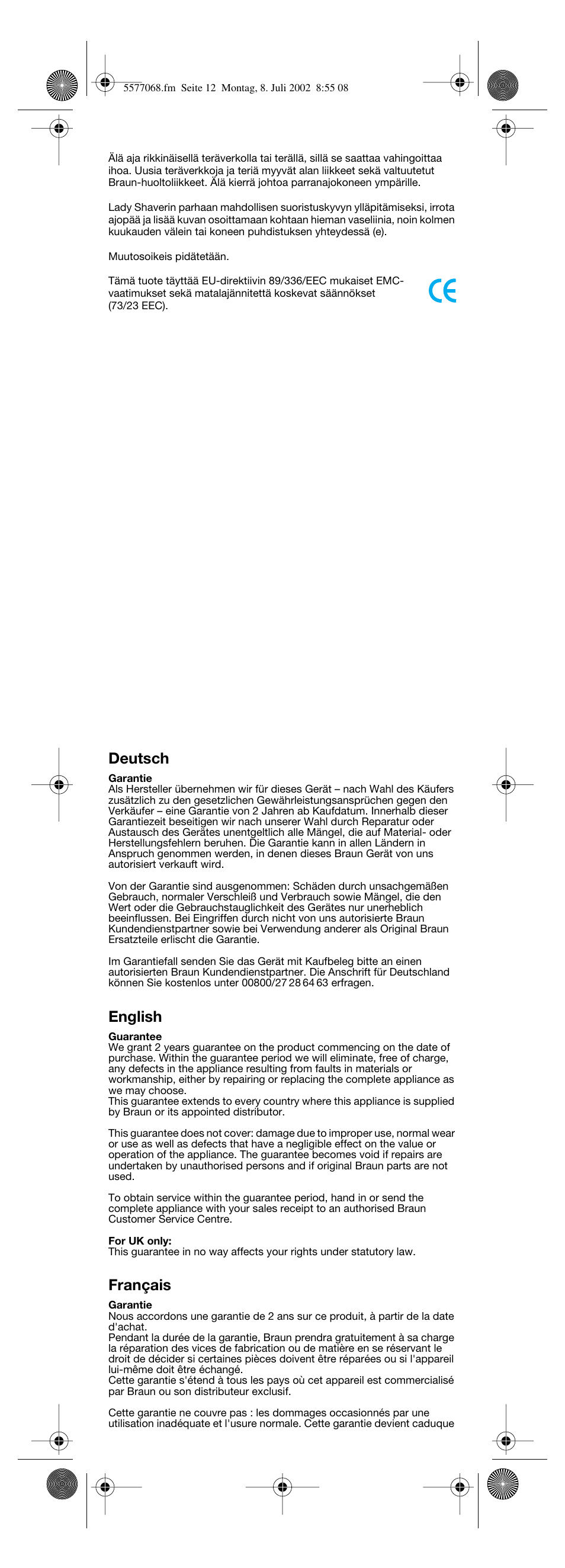 Deutsch, English, Français | Braun Lady Style cord User Manual | Page 12 / 17