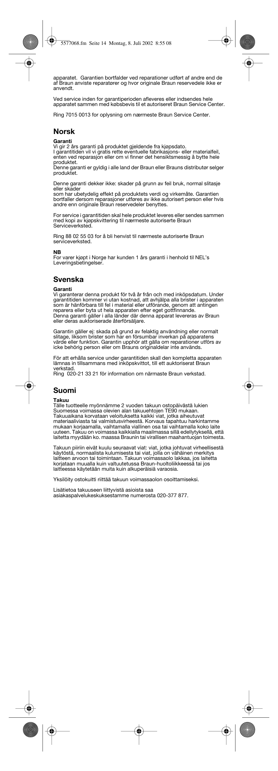 Norsk, Svenska, Suomi | Braun Lady Style cord User Manual | Page 14 / 17