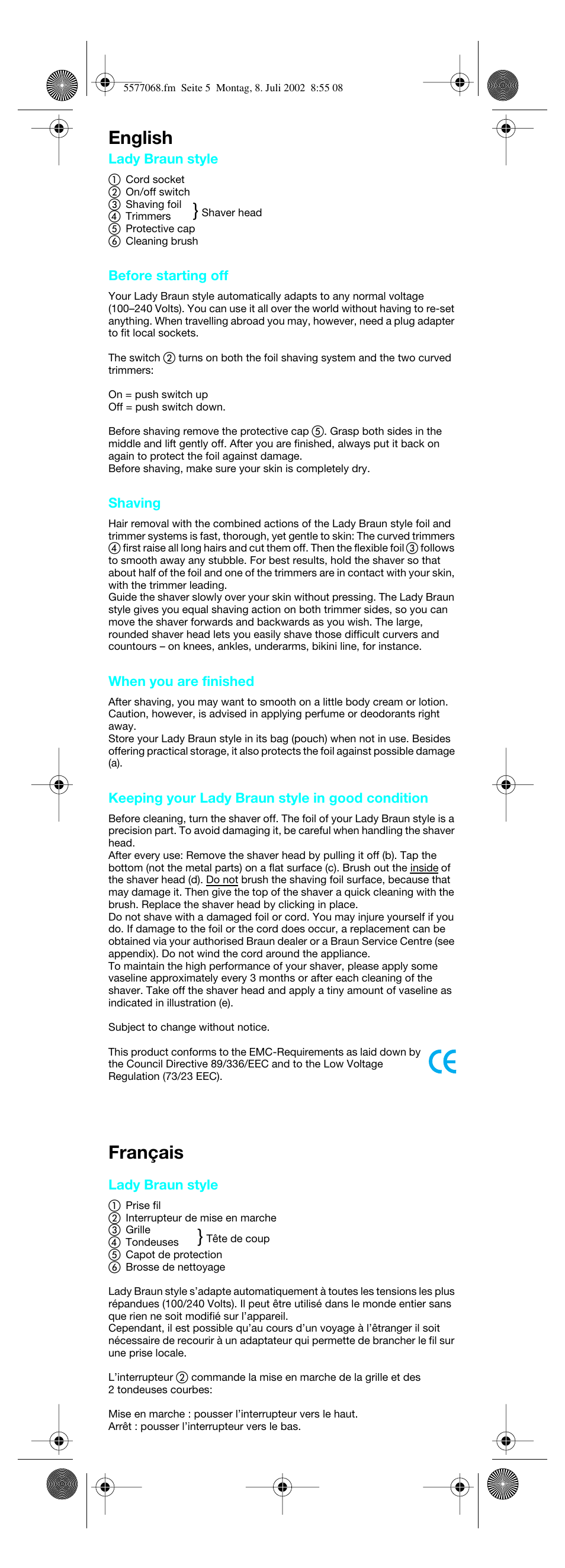 English, Français | Braun Lady Style cord User Manual | Page 5 / 17