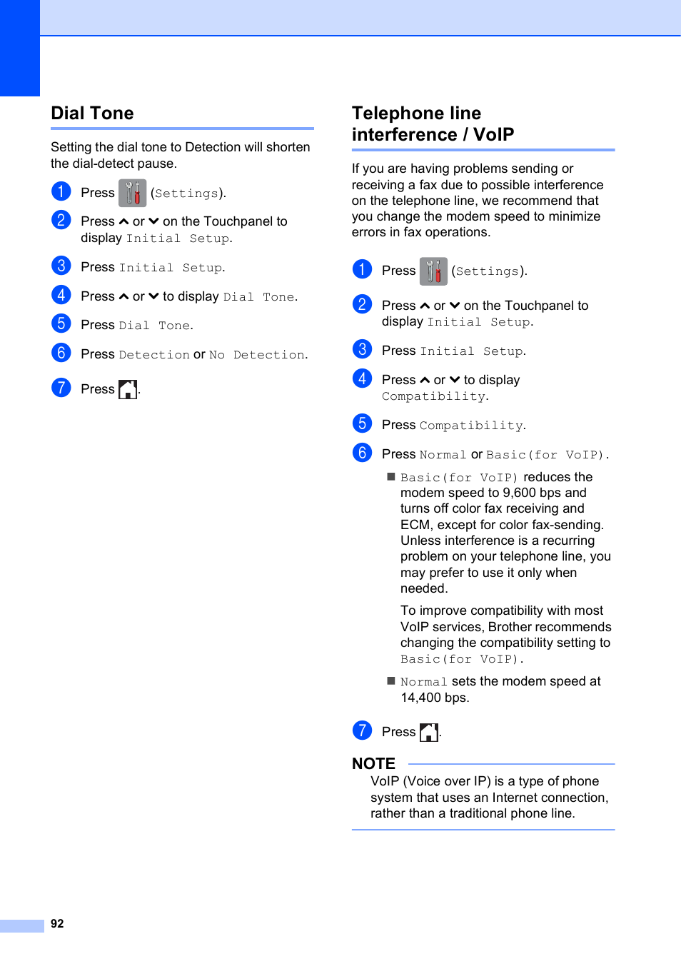 Dial tone, Telephone line interference / voip, Dial tone telephone line interference / voip | Brother MFC-J285DW User Manual | Page 106 / 143