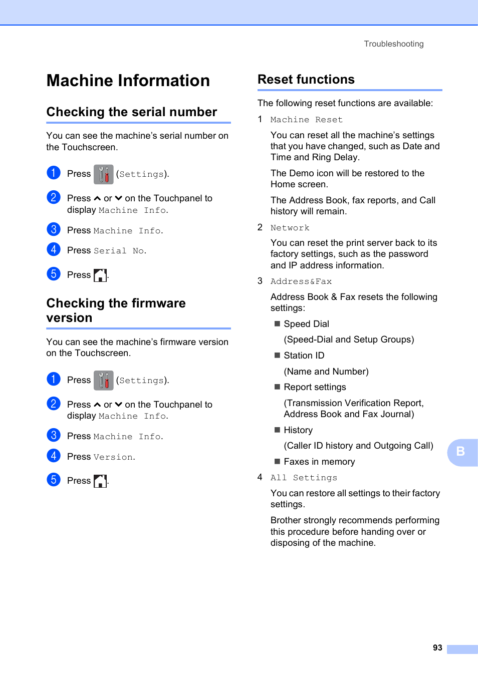 Machine information, Checking the serial number, Checking the firmware version | Reset functions | Brother MFC-J285DW User Manual | Page 107 / 143
