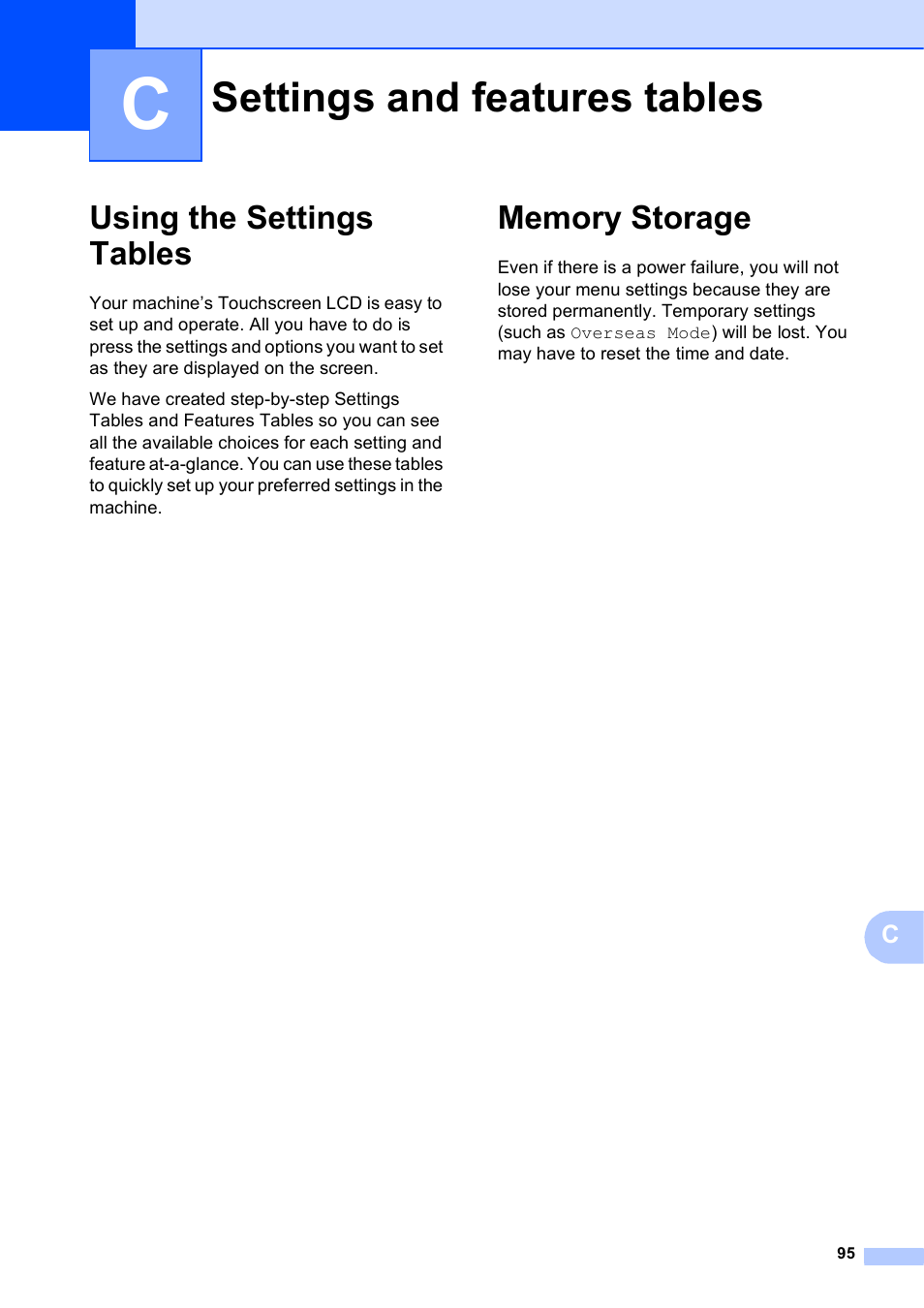 C settings and features tables, Using the settings tables, Memory storage | Settings and features tables, Using the settings tables memory storage | Brother MFC-J285DW User Manual | Page 109 / 143