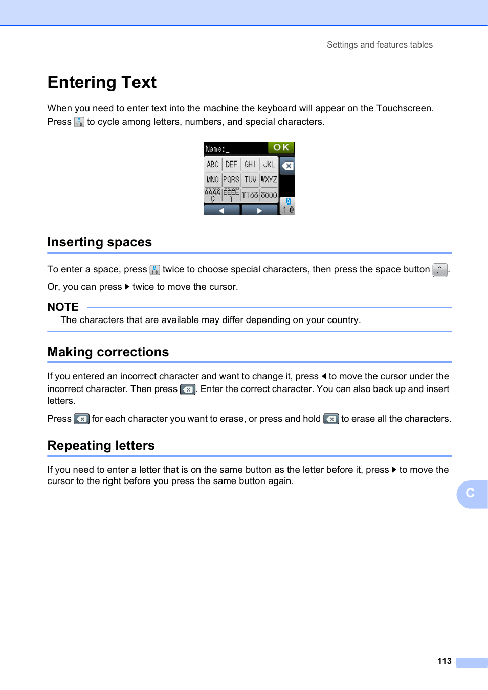 Entering text, Inserting spaces, Making corrections | Repeating letters | Brother MFC-J285DW User Manual | Page 127 / 143