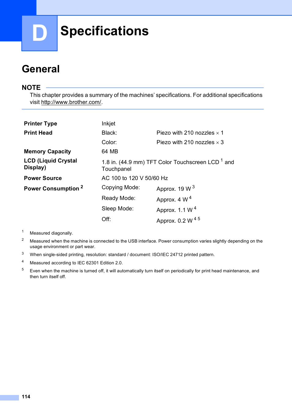 D specifications, General, Specifications | Brother MFC-J285DW User Manual | Page 128 / 143
