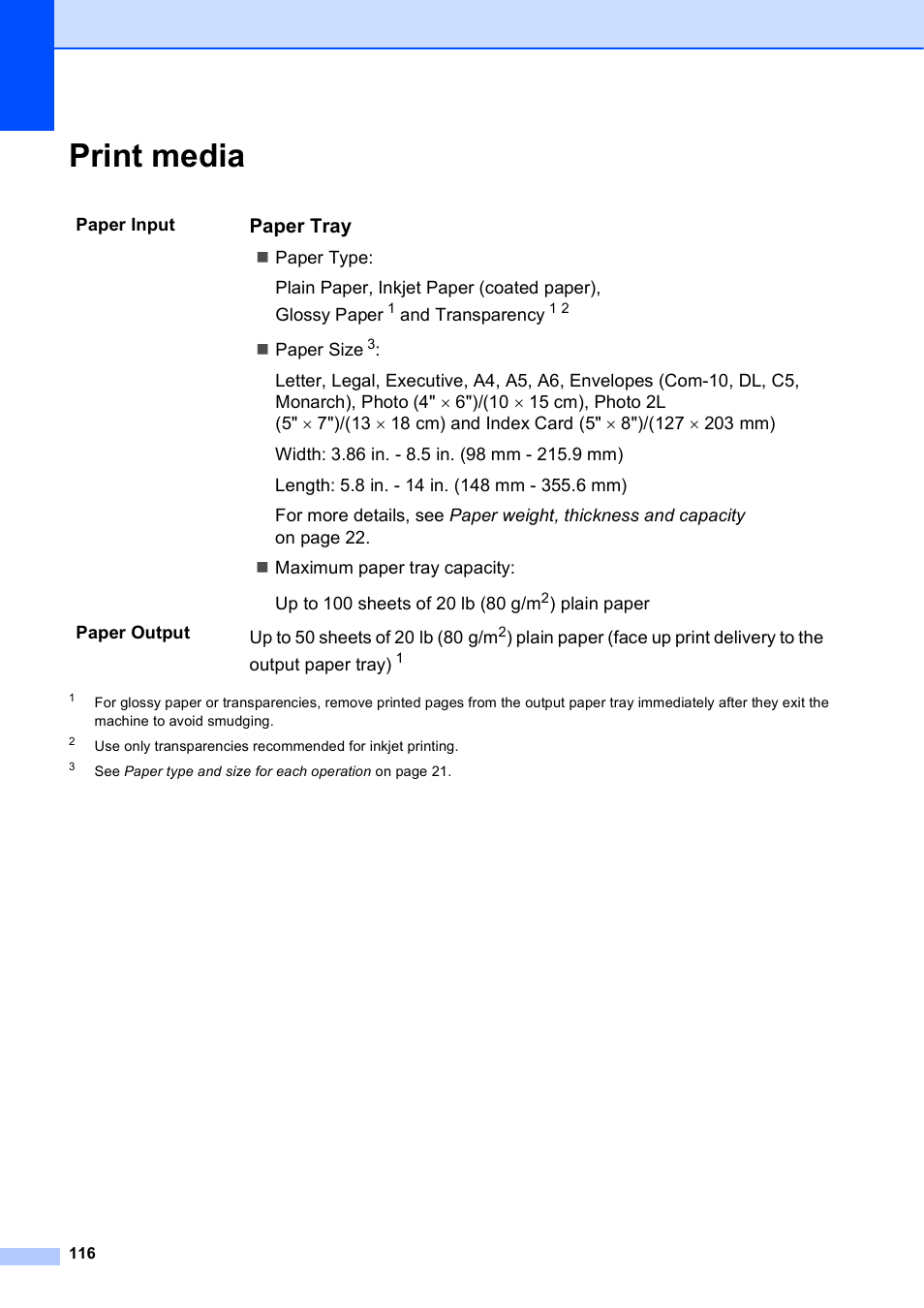 Print media, Paper tray | Brother MFC-J285DW User Manual | Page 130 / 143