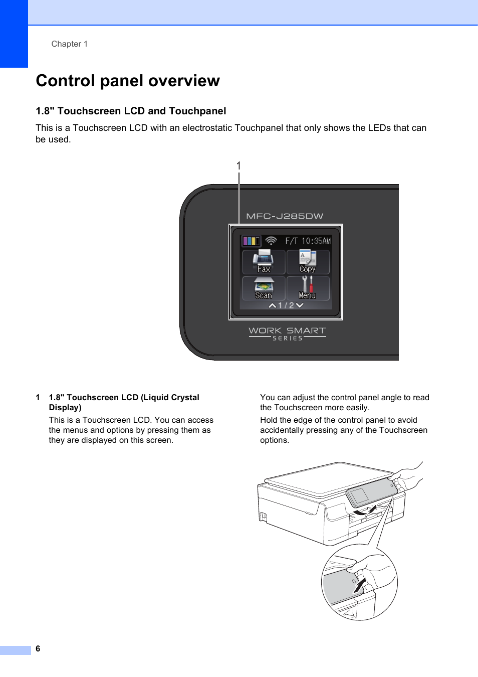 Control panel overview, 8" touchscreen lcd and touchpanel | Brother MFC-J285DW User Manual | Page 20 / 143