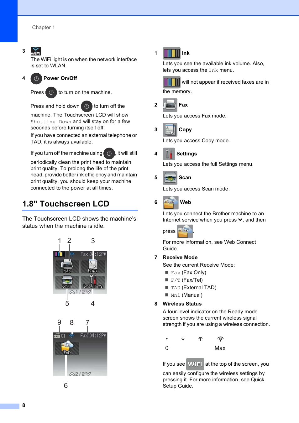 8" touchscreen lcd | Brother MFC-J285DW User Manual | Page 22 / 143