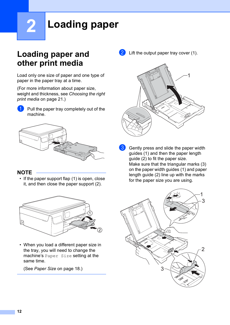 2 loading paper, Loading paper and other print media, Loading paper | Brother MFC-J285DW User Manual | Page 26 / 143