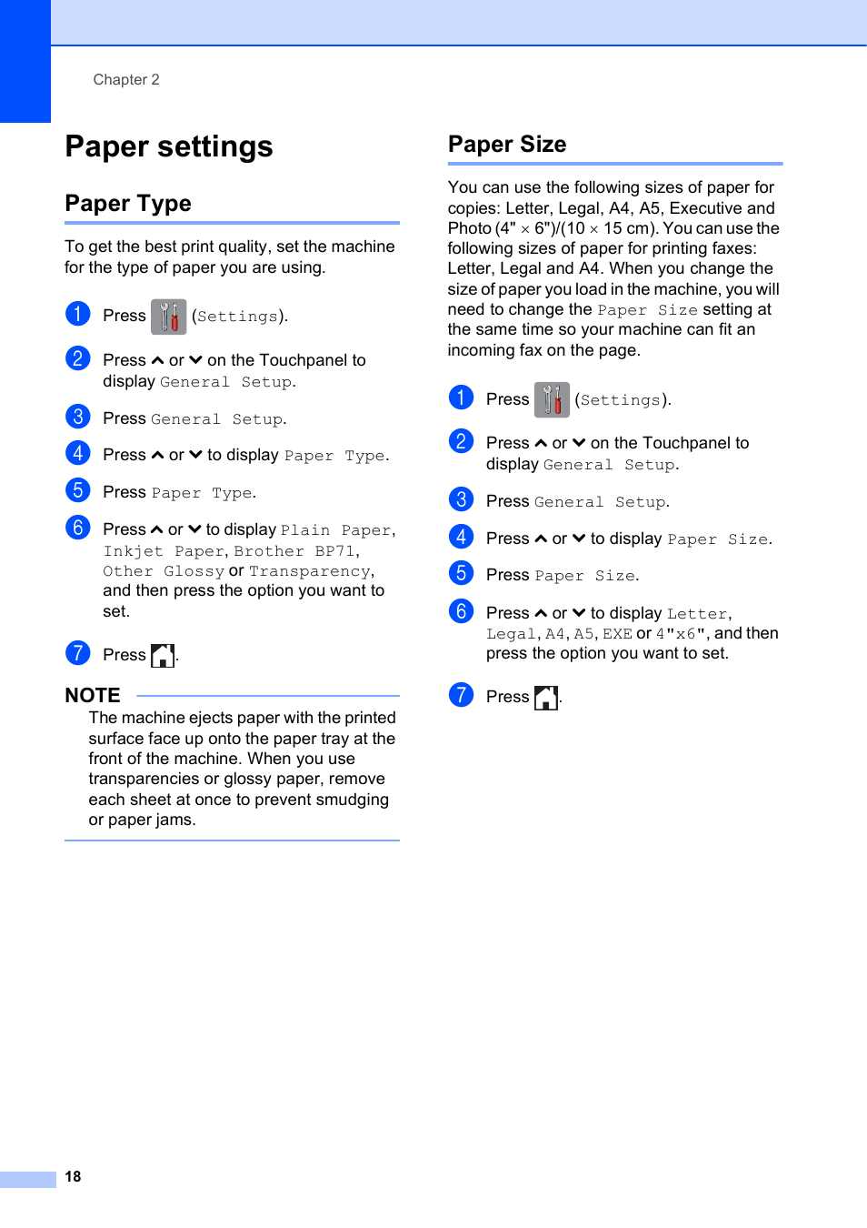 Paper settings, Paper type, Paper size | Paper type paper size | Brother MFC-J285DW User Manual | Page 32 / 143