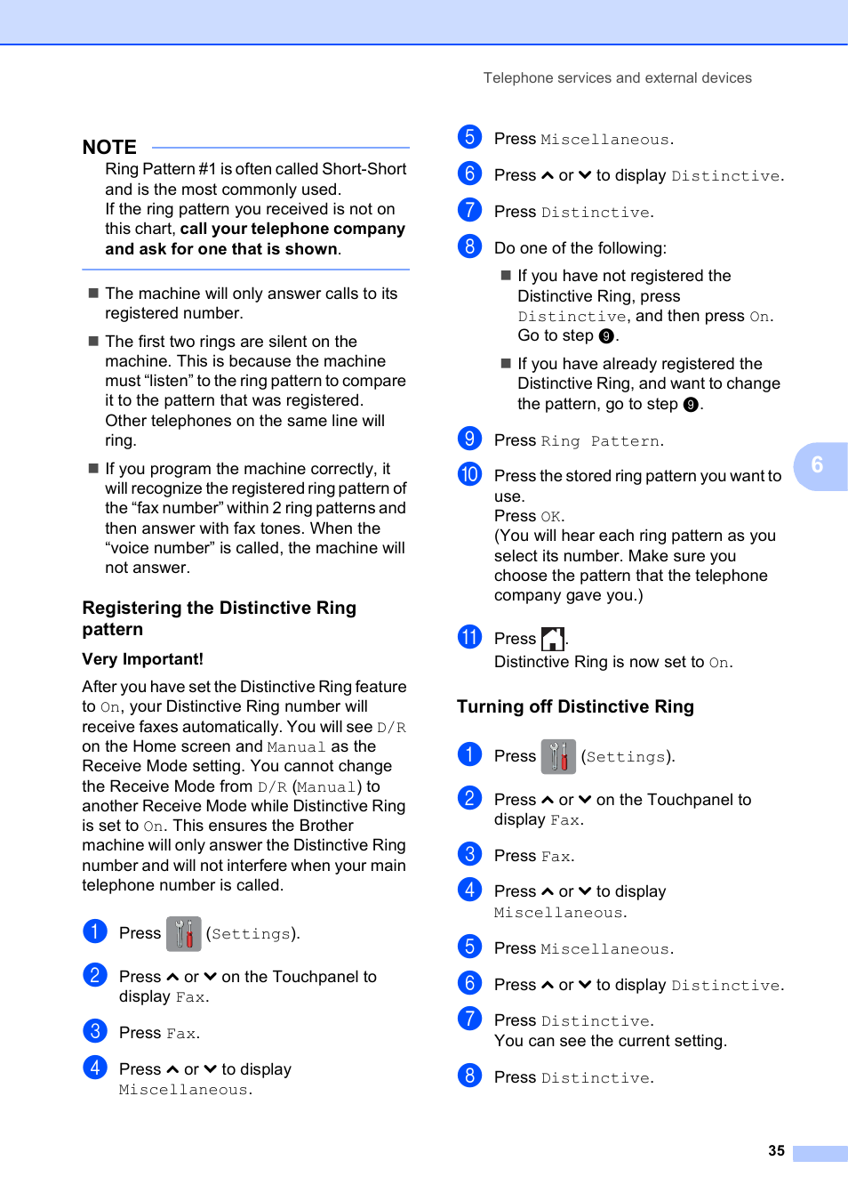 Registering the distinctive ring pattern, Turning off distinctive ring | Brother MFC-J285DW User Manual | Page 49 / 143