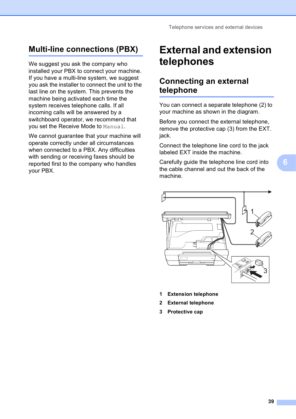 Multi-line connections (pbx), External and extension telephones, Connecting an external telephone | 6multi-line connections (pbx) | Brother MFC-J285DW User Manual | Page 53 / 143