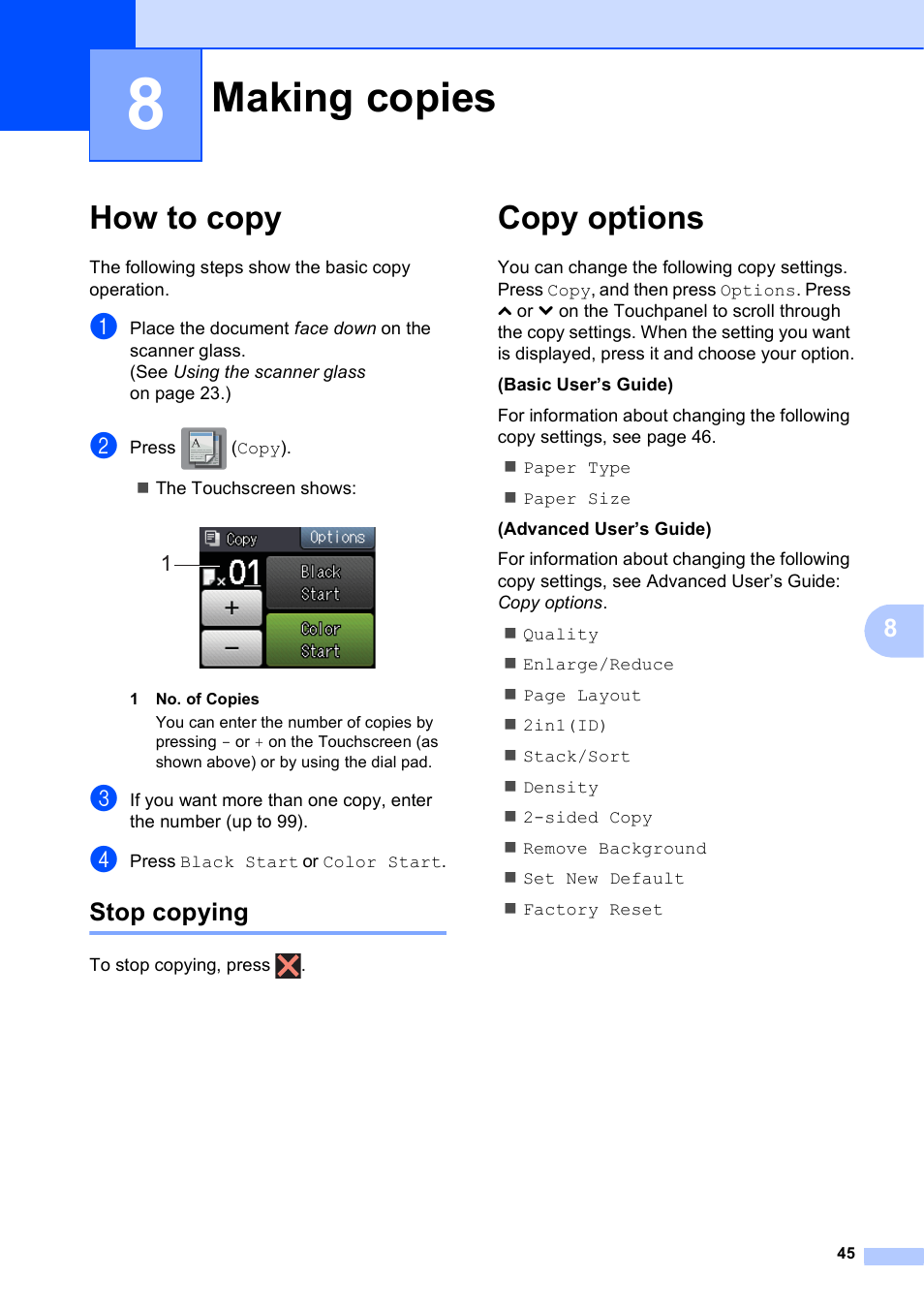 8 making copies, How to copy, Stop copying | Copy options, Making copies | Brother MFC-J285DW User Manual | Page 59 / 143