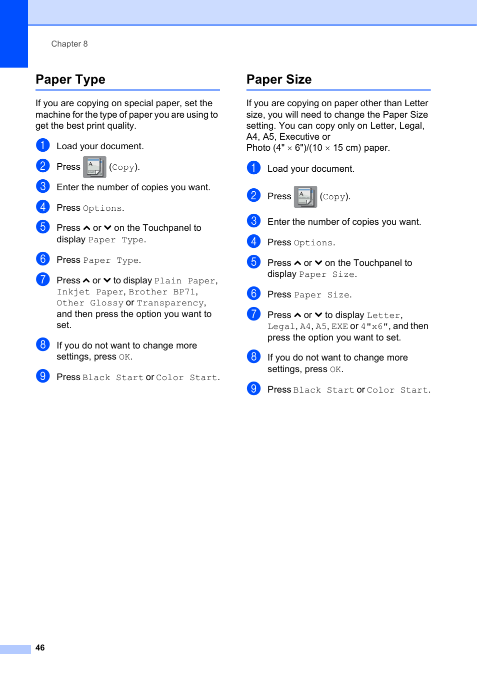 Paper type, Paper size, Paper type paper size | Brother MFC-J285DW User Manual | Page 60 / 143