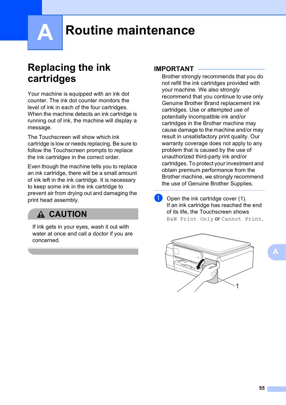 A routine maintenance, Replacing the ink cartridges, Routine maintenance | Caution | Brother MFC-J285DW User Manual | Page 69 / 143