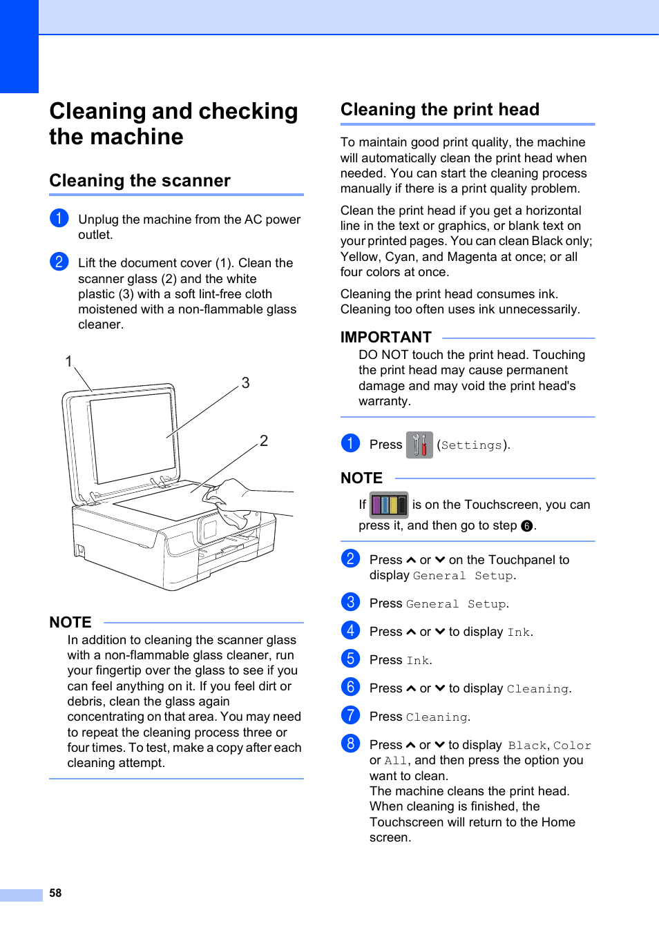 Cleaning and checking the machine, Cleaning the scanner, Cleaning the print head | Cleaning the scanner cleaning the print head | Brother MFC-J285DW User Manual | Page 72 / 143