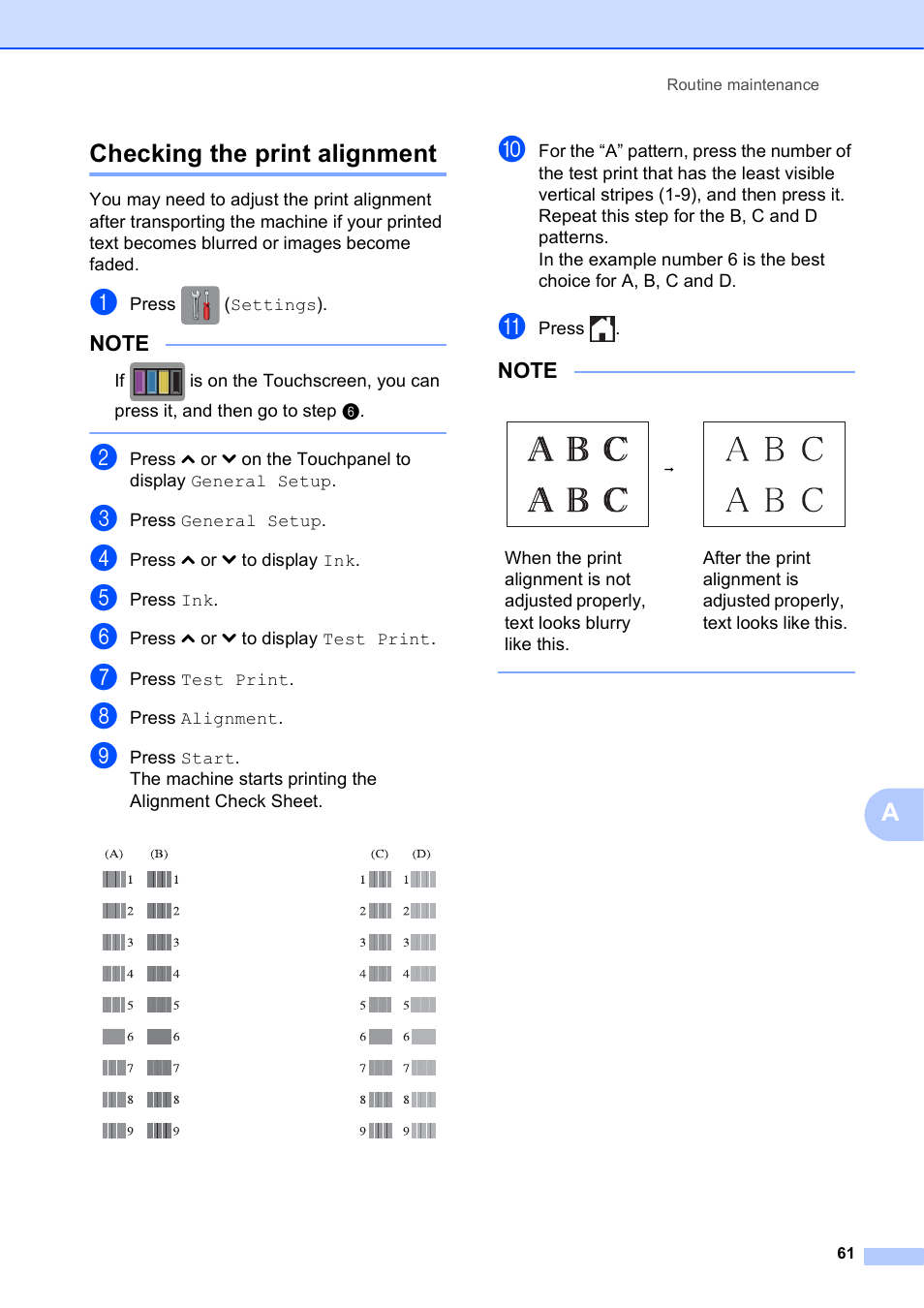 Checking the print alignment, Achecking the print alignment | Brother MFC-J285DW User Manual | Page 75 / 143
