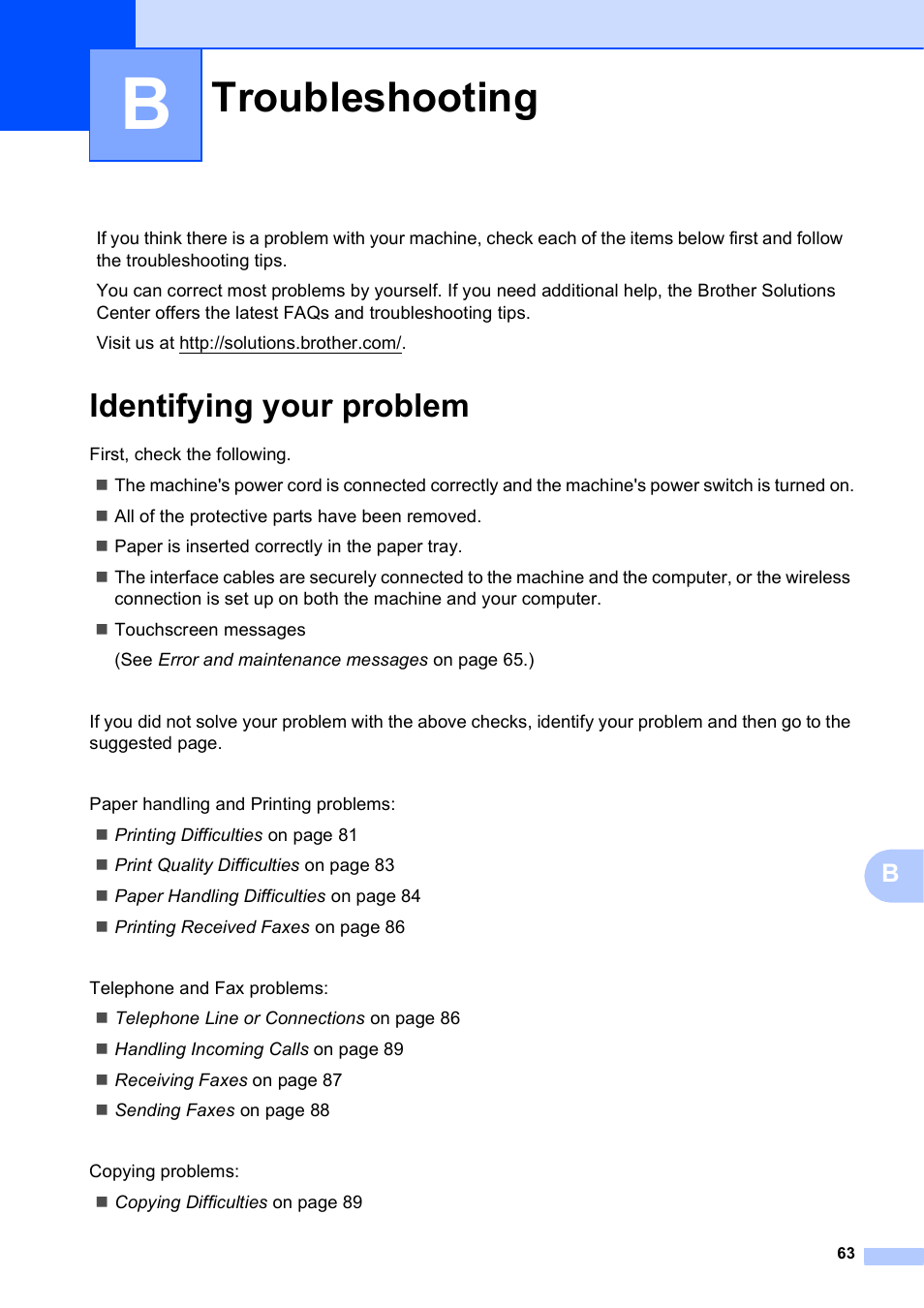B troubleshooting, Identifying your problem, Troubleshooting | Brother MFC-J285DW User Manual | Page 77 / 143