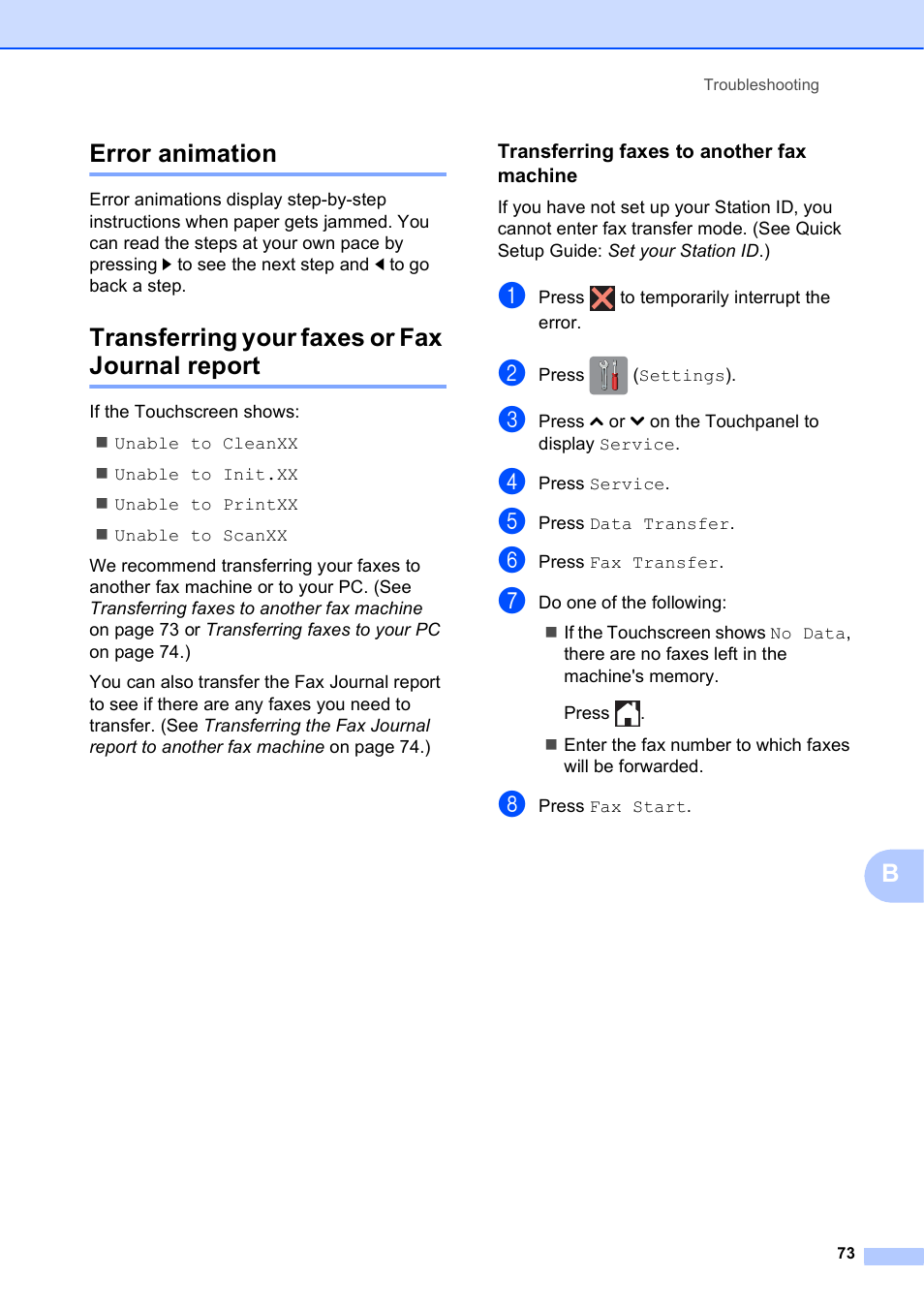 Error animation, Transferring your faxes or fax journal report, Transferring faxes to another fax machine | Berror animation | Brother MFC-J285DW User Manual | Page 87 / 143