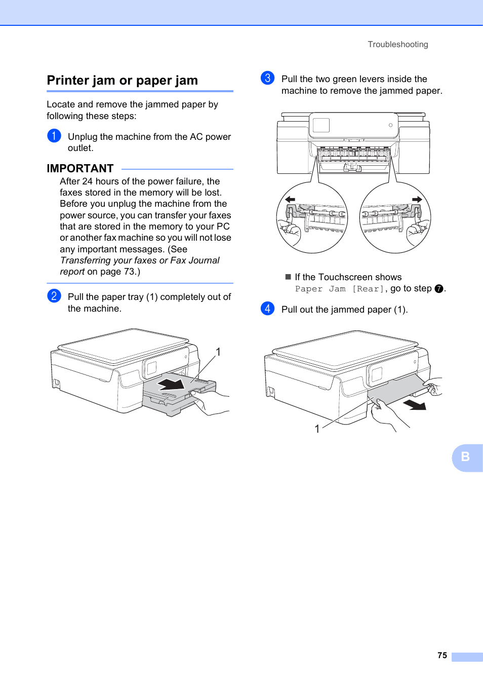 Printer jam or paper jam, Bprinter jam or paper jam, Important | Brother MFC-J285DW User Manual | Page 89 / 143