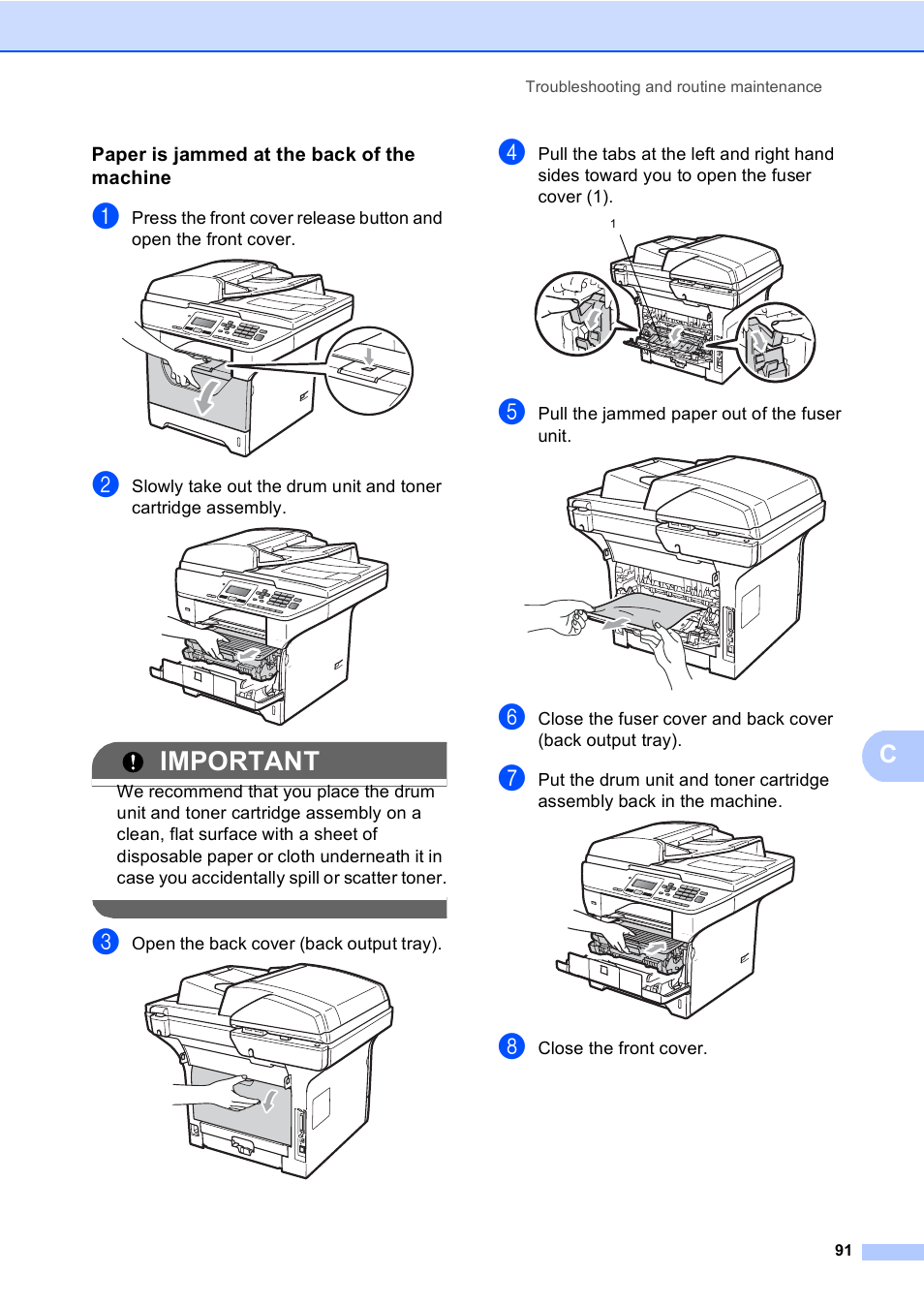 Paper is jammed at the back of the machine, Important | Brother DCP-8085DN User Manual | Page 104 / 156