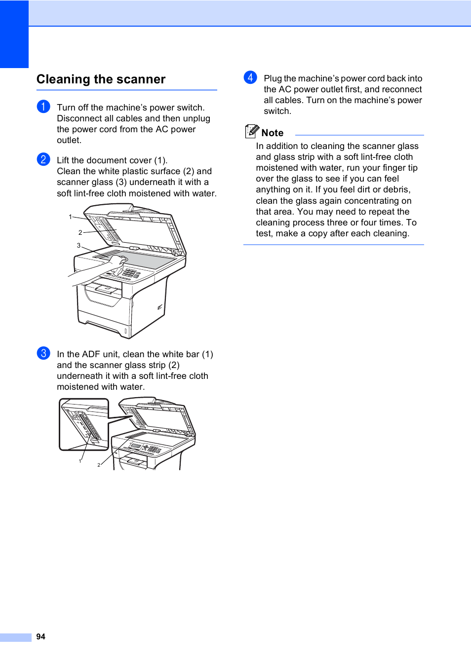 Cleaning the scanner | Brother DCP-8085DN User Manual | Page 107 / 156