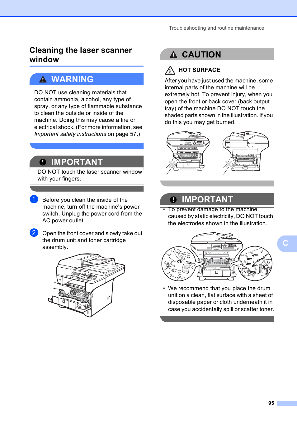 Cleaning the laser scanner window, Warning, Important | Caution, Ccleaning the laser scanner window | Brother DCP-8085DN User Manual | Page 108 / 156