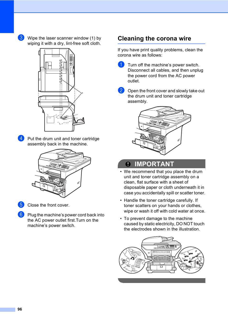 Cleaning the corona wire, Important | Brother DCP-8085DN User Manual | Page 109 / 156