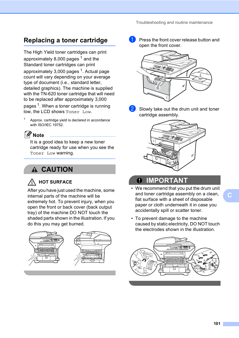 Replacing a toner cartridge, Caution, Important | Creplacing a toner cartridge | Brother DCP-8085DN User Manual | Page 114 / 156