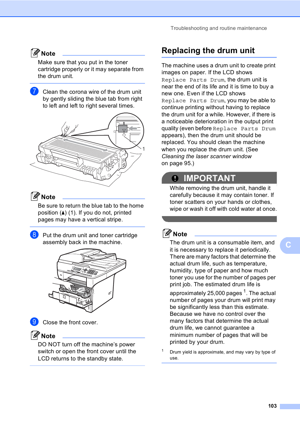 Replacing the drum unit, Important | Brother DCP-8085DN User Manual | Page 116 / 156