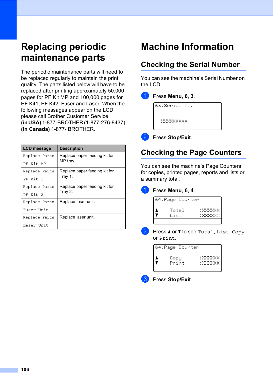 Replacing periodic maintenance parts, Machine information, Checking the serial number | Checking the page counters | Brother DCP-8085DN User Manual | Page 119 / 156