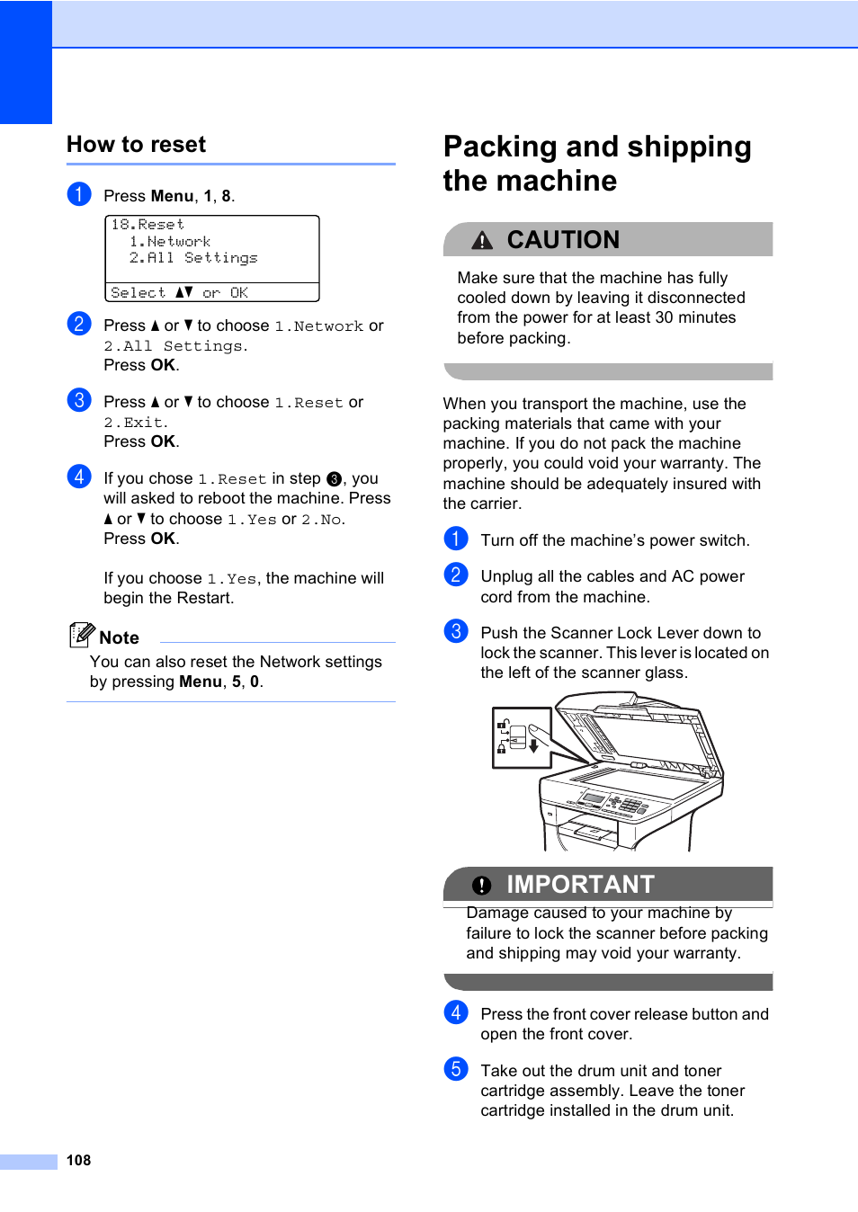 How to reset, Packing and shipping the machine, Caution | Important | Brother DCP-8085DN User Manual | Page 121 / 156