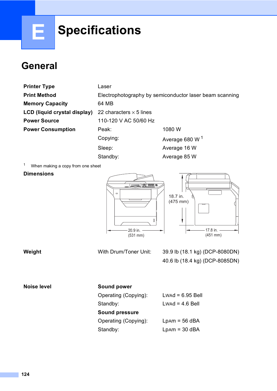 E specifications, General, Specifications | Brother DCP-8085DN User Manual | Page 137 / 156