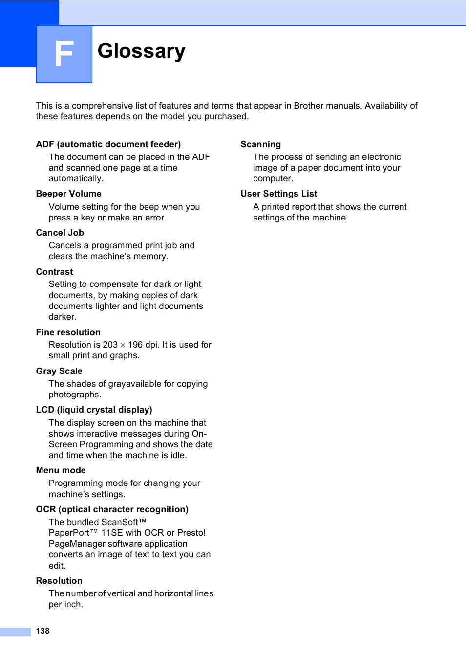 F glossary, Glossary | Brother DCP-8085DN User Manual | Page 151 / 156