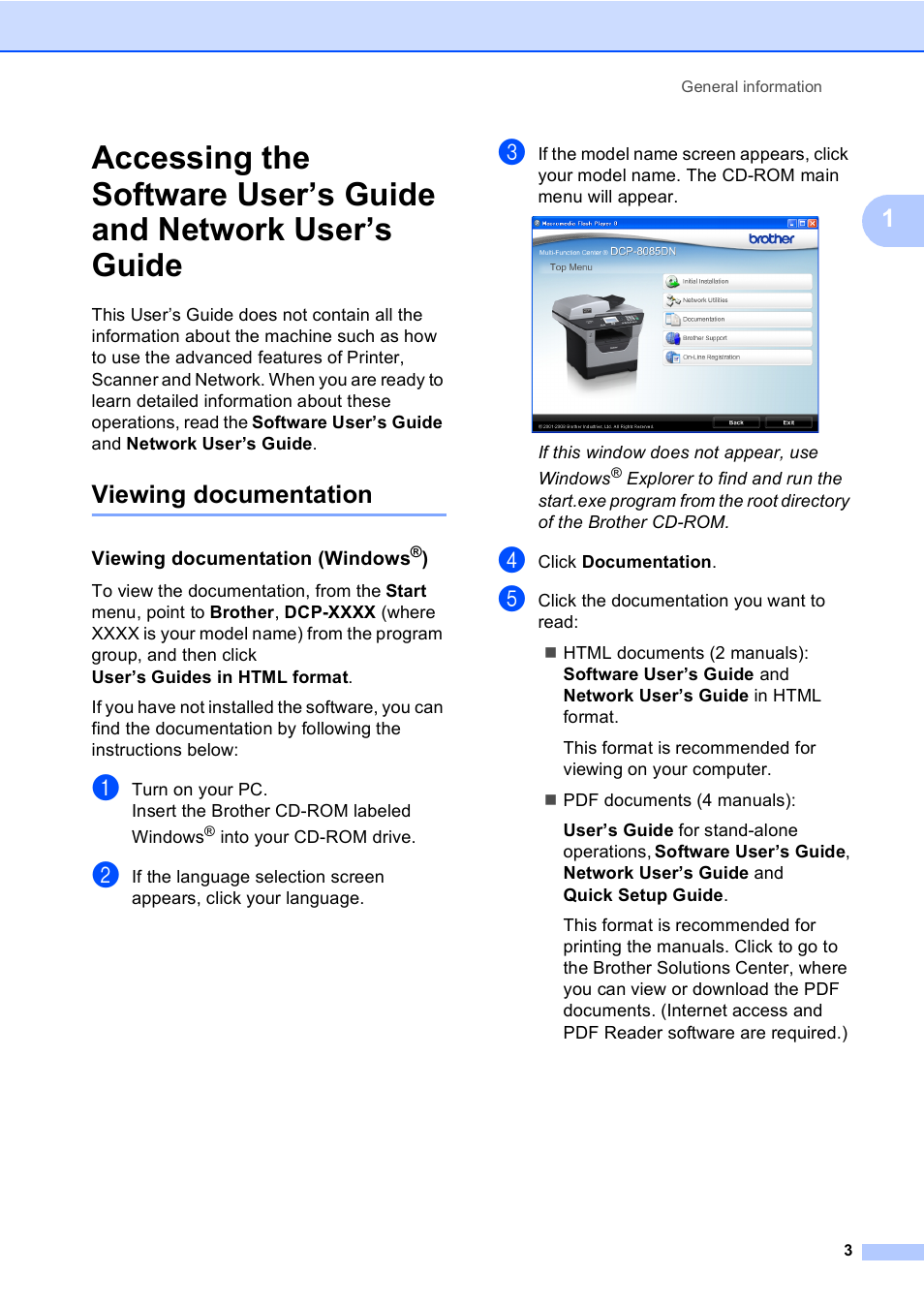 Viewing documentation, Viewing documentation (windows®) | Brother DCP-8085DN User Manual | Page 16 / 156