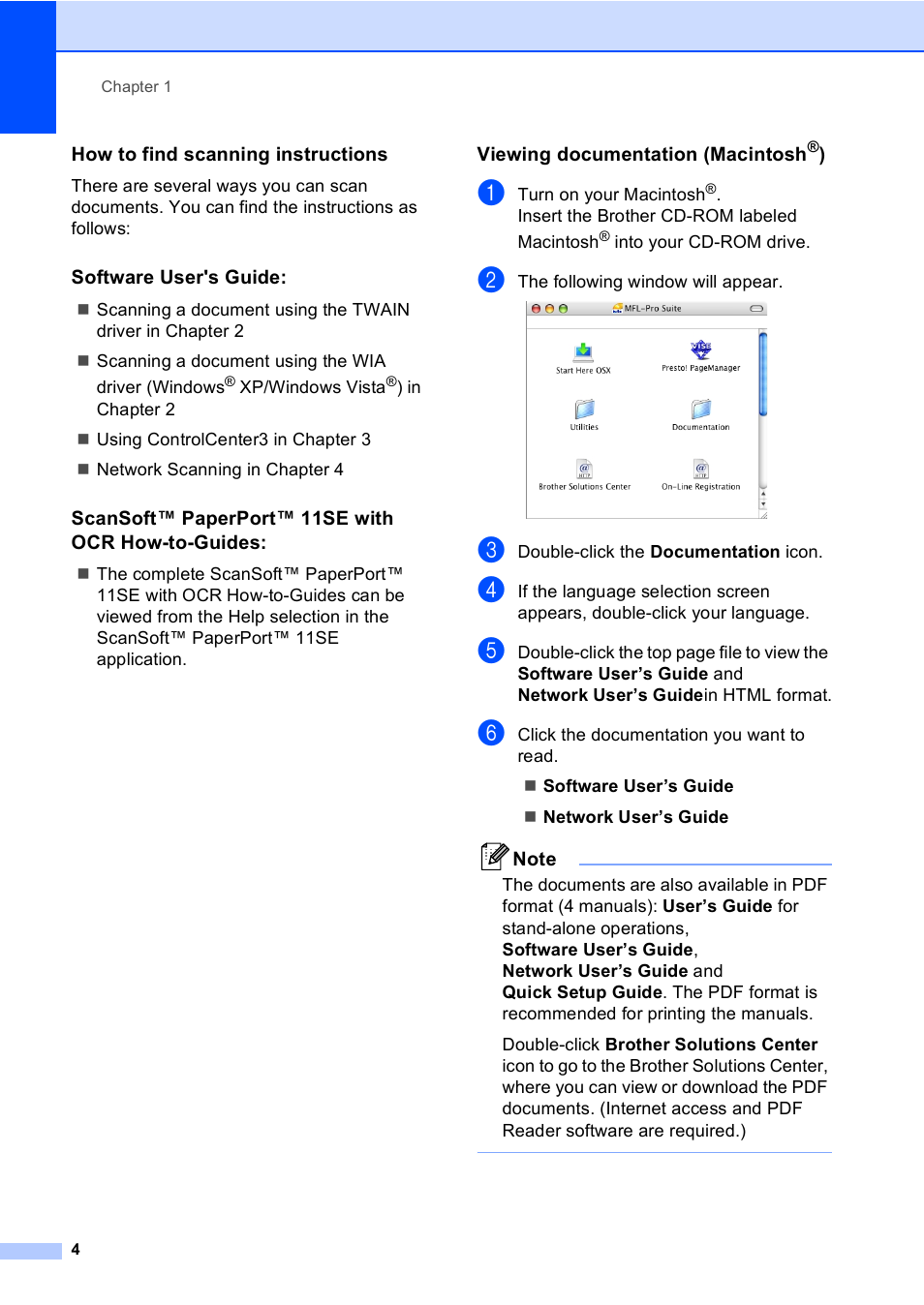 How to find scanning instructions, Software user's guide, Scansoft™ paperport™ 11se with ocr how-to-guides | Viewing documentation (macintosh®) | Brother DCP-8085DN User Manual | Page 17 / 156