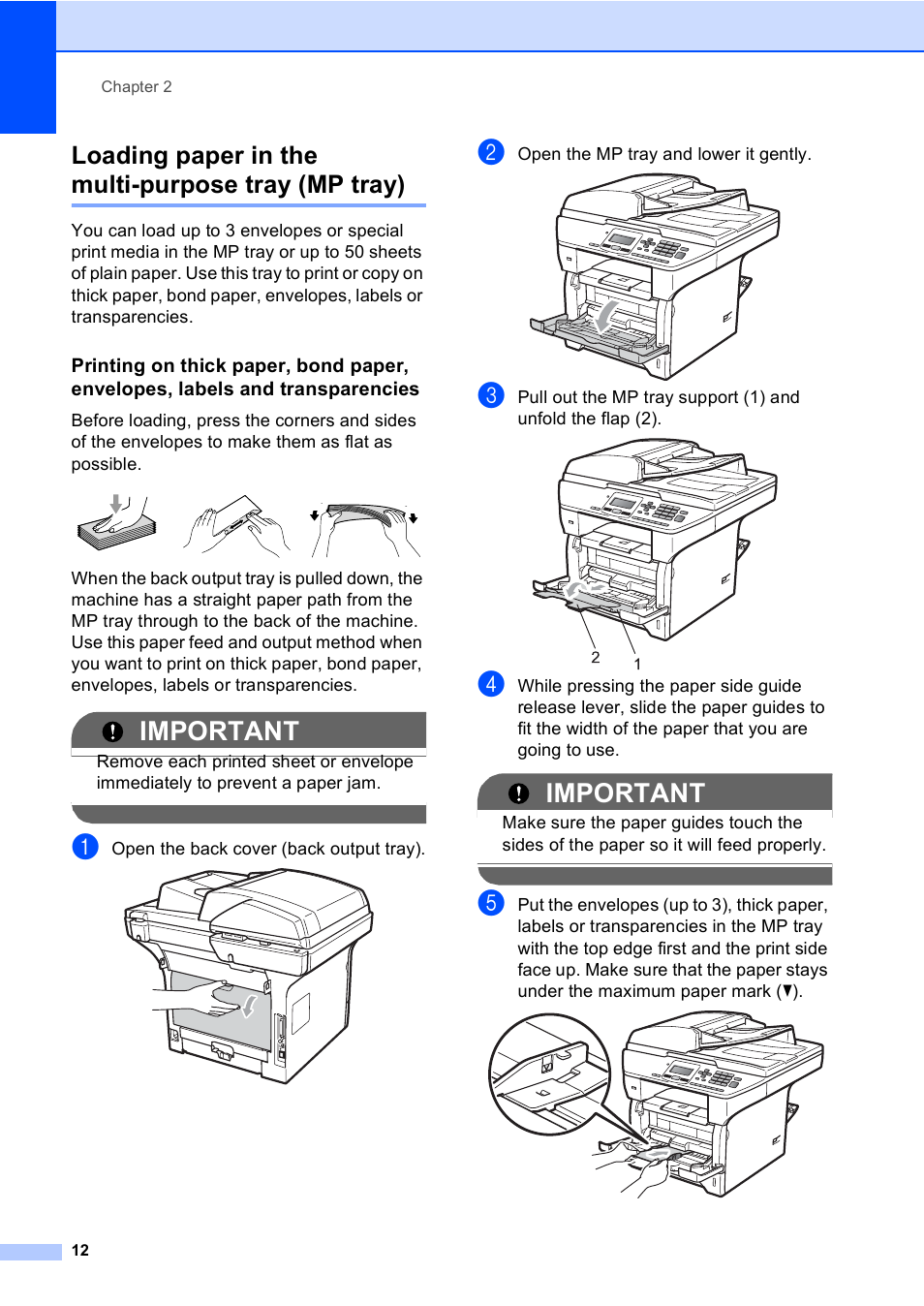 Loading paper in the multi-purpose tray (mp tray), Important | Brother DCP-8085DN User Manual | Page 25 / 156