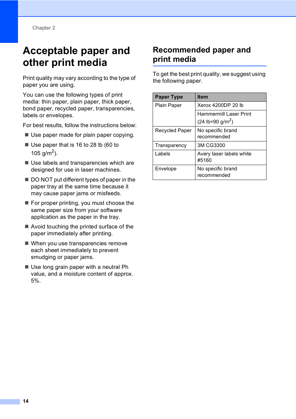 Acceptable paper and other print media, Recommended paper and print media | Brother DCP-8085DN User Manual | Page 27 / 156