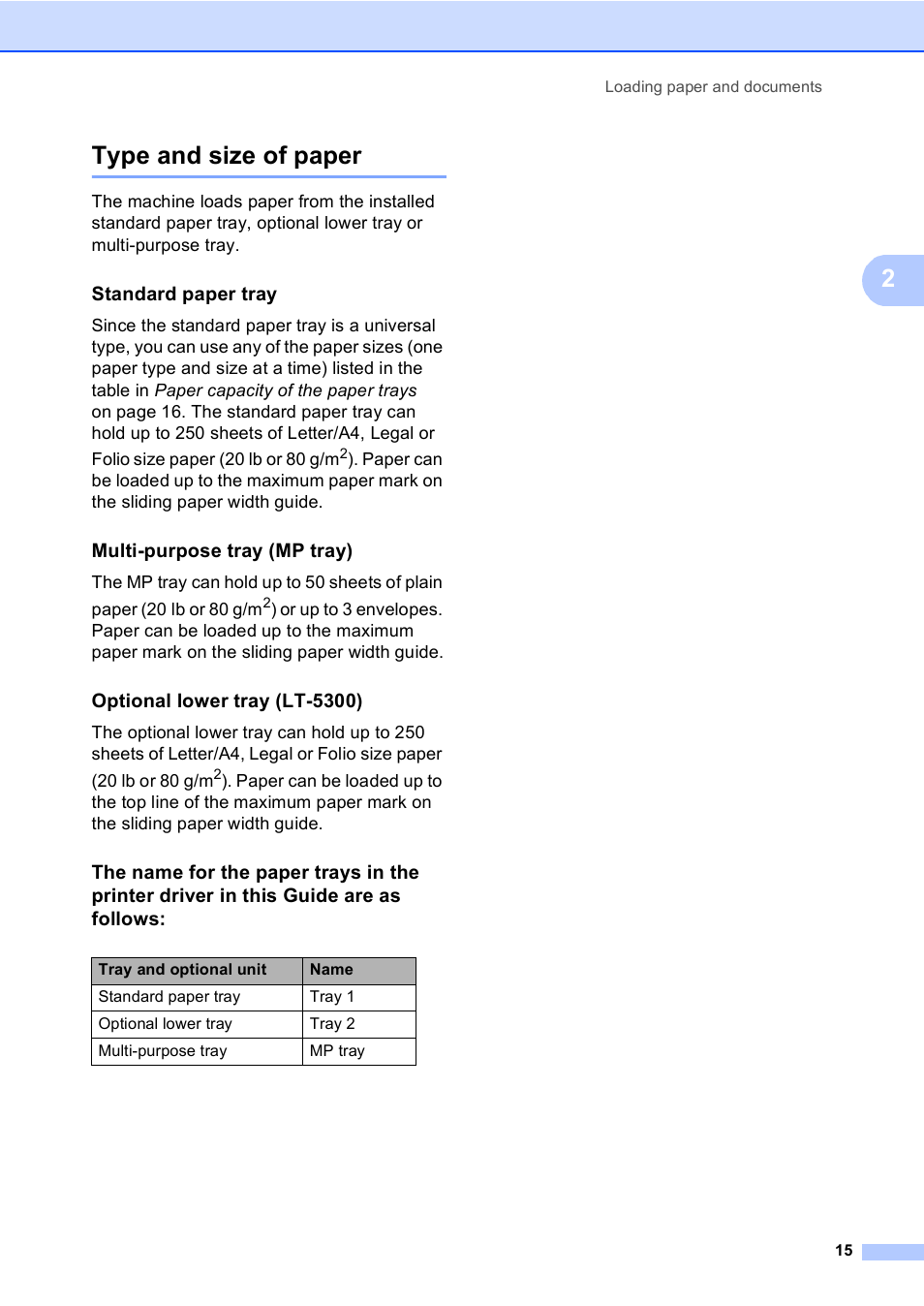 Type and size of paper, Standard paper tray, Multi-purpose tray (mp tray) | Optional lower tray (lt-5300), 2type and size of paper | Brother DCP-8085DN User Manual | Page 28 / 156