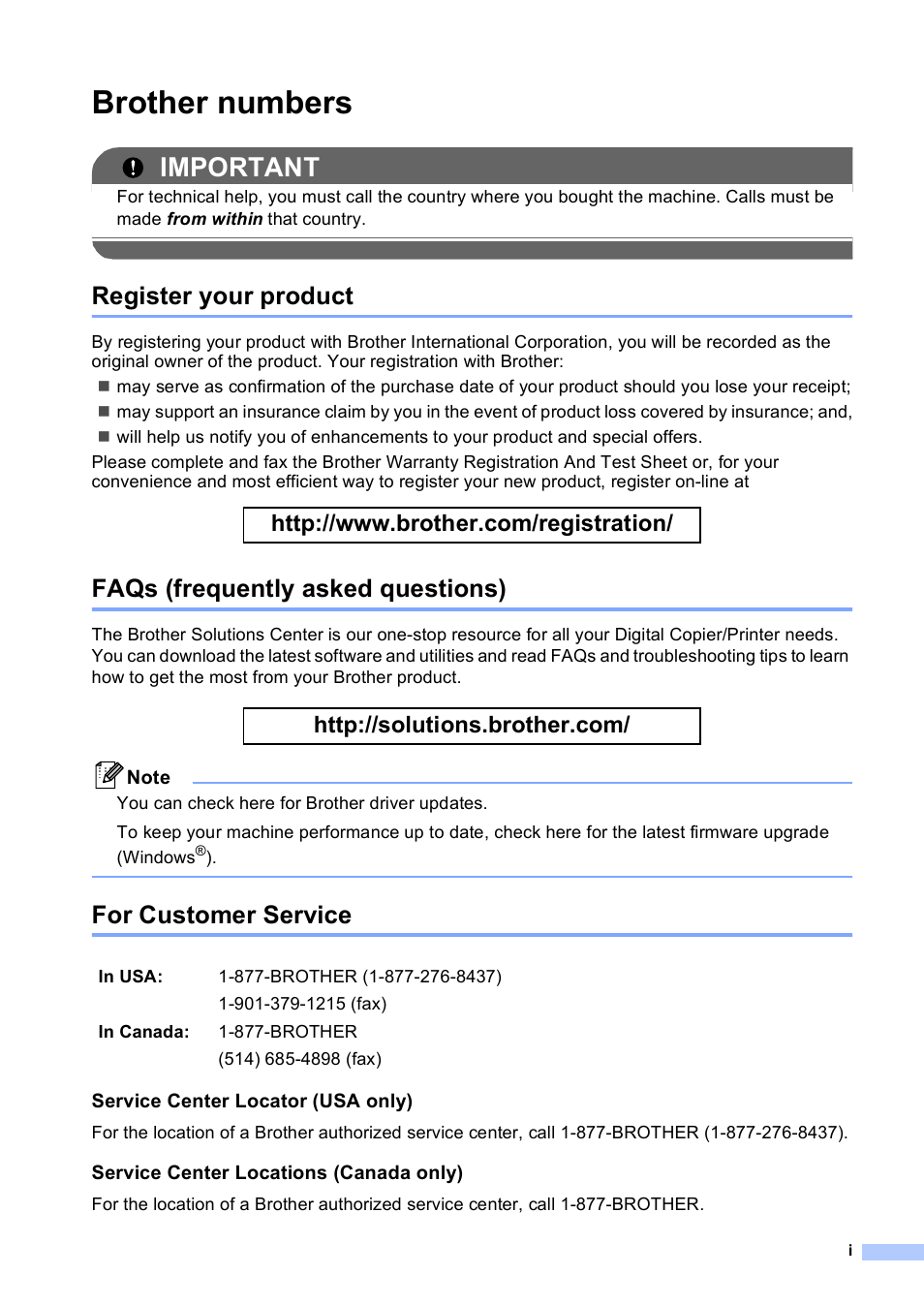 Brother numbers, Register your product, Faqs (frequently asked questions) | For customer service, Important | Brother DCP-8085DN User Manual | Page 3 / 156